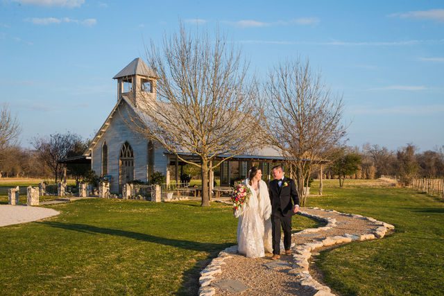 Simon wedding at Gruene Estate in New Braunfels couple walking from the chapel