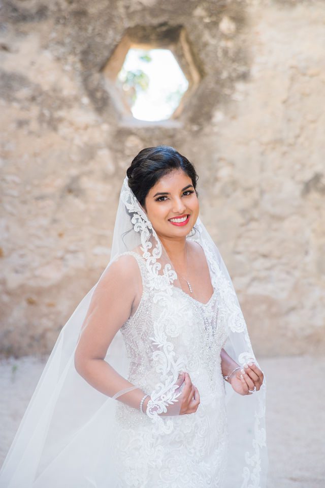 Sonali's bridal headshot in the octagon window room at Mission San Jose