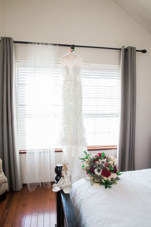 Ruiz wedding in Castroville bridal gown hanging
