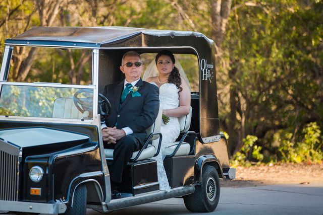 Tate wedding Olympia Hills bride in golf cart