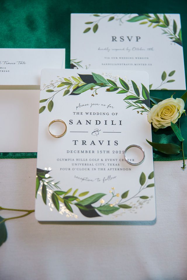 Tate wedding at Olympia Hills reception rings and invitation
