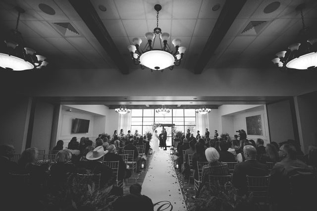 Olsen wedding Boerne at the Kendall the ceremony in black and white