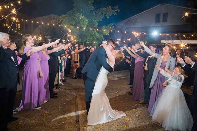 Olsen wedding Boerne at the Kendall the reception sparkler exit kiss