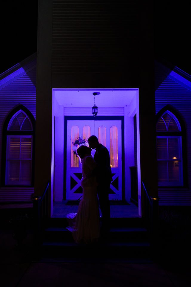 Olsen wedding Boerne at the Kendall the chapel kiss at night