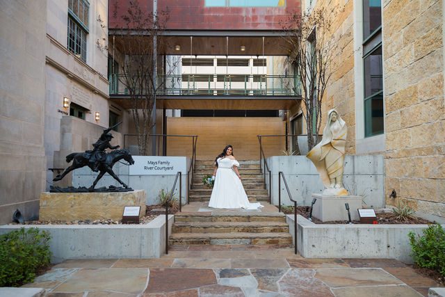 Maddie's bridal at The Briscoe in San Antonio on the gallery steps