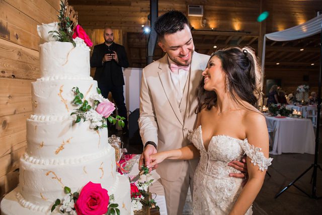 Hollubs wedding at Geronimo Oaks in San Antonio cake cutting look