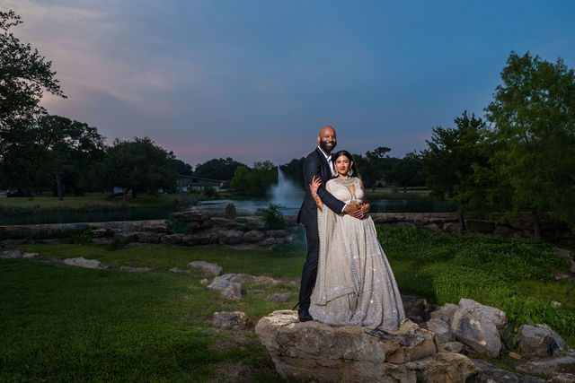 Nida wedding Club of Garden Ridge in San Antonio sunset at pond