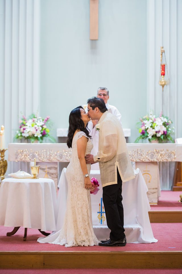May's wedding ceremony in San Antonio OLPH kiss